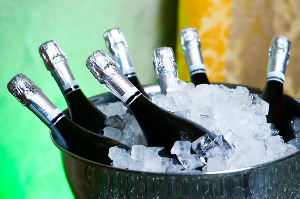 Champagne in a bucket with ice close-up