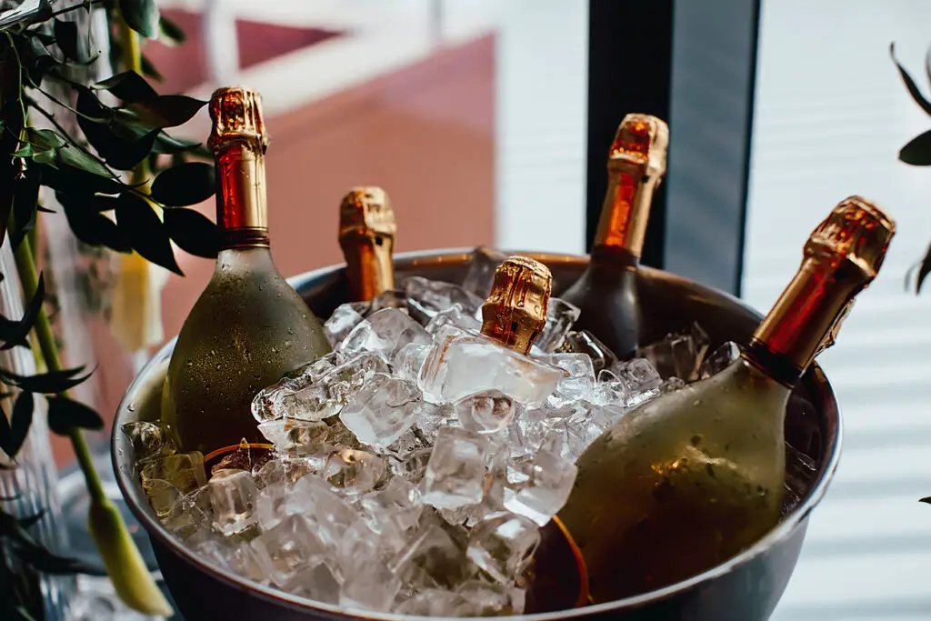 Five wine bottles chill in ice bucket