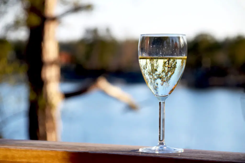 Glass of white wine on deck railing with sea view on a summer evening