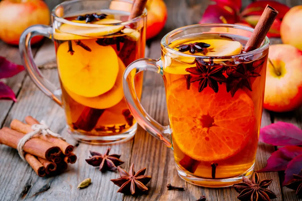 Hot mulled apple cider with cinnamon sticks, cloves and anise