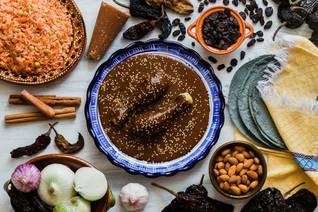 Mole Mexicano, Poblano mole ingredients, mexican spicy food traditional in Mexico