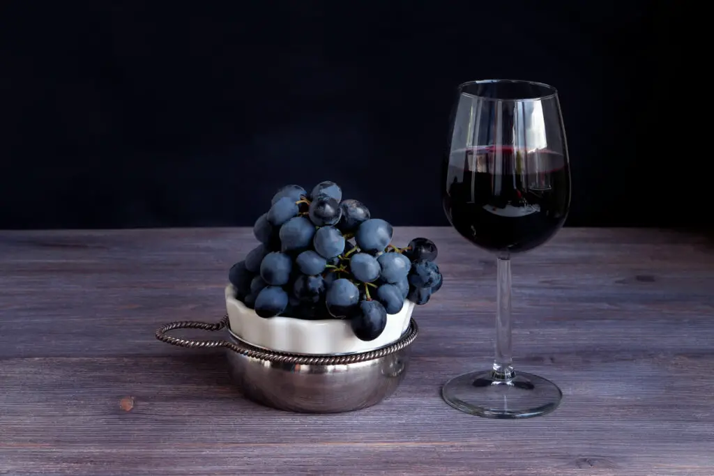 Red wine in wine glass, bunch of dark purple grapes