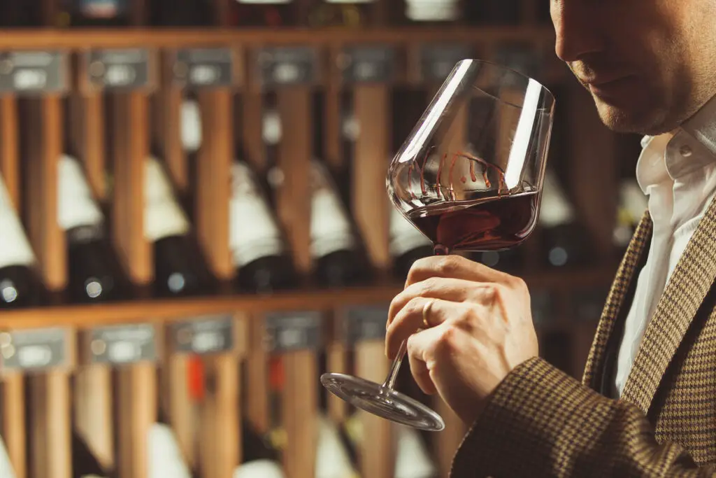 Close-up shot of young sommelier smell red wine on wine cellar background.