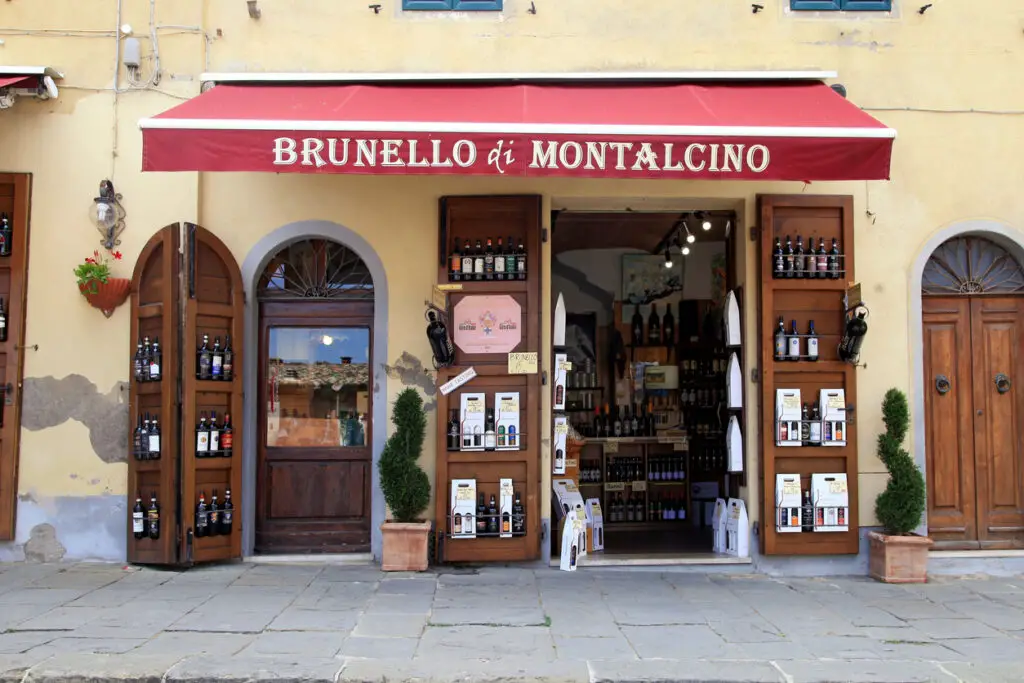 Entrance of traditional wine shop in Montalcino, Val d'Orcia, Tuscany, Italy.