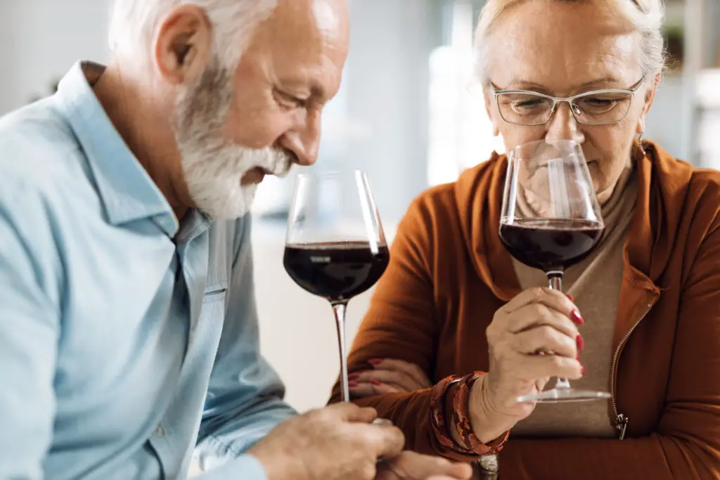 Senior couple tasting wine at home