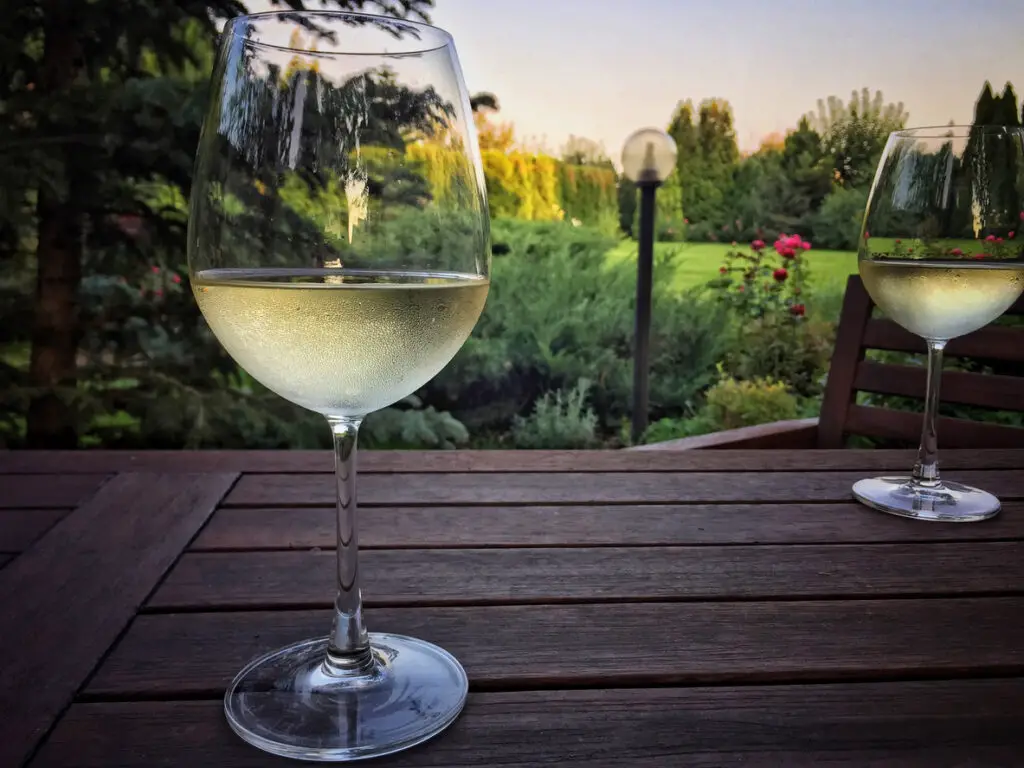 wine glasses on a wooden table at garden