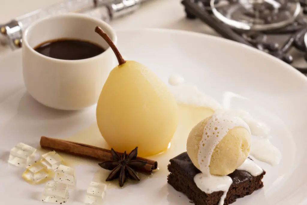 Dessert with poached pears