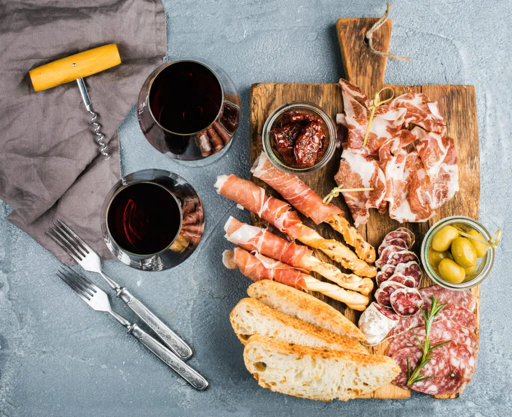 Cheese and meat appetizer selection or wine snack set. Variety