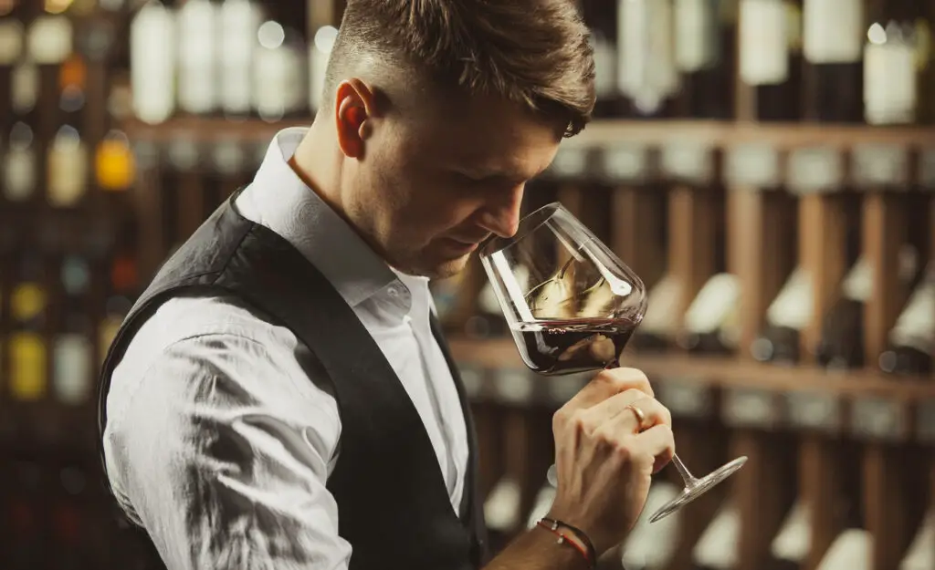 Close-up shot of young sommelier smell red wine on wine cellar background.