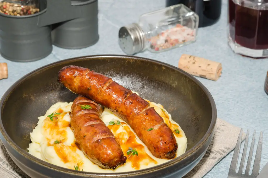 Homemade sausages and mashed potatoes