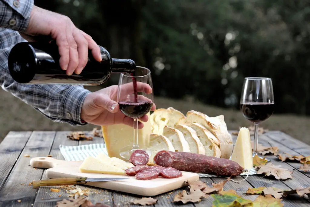 Outdoor eating with bread, cheese, sausage and red wine.