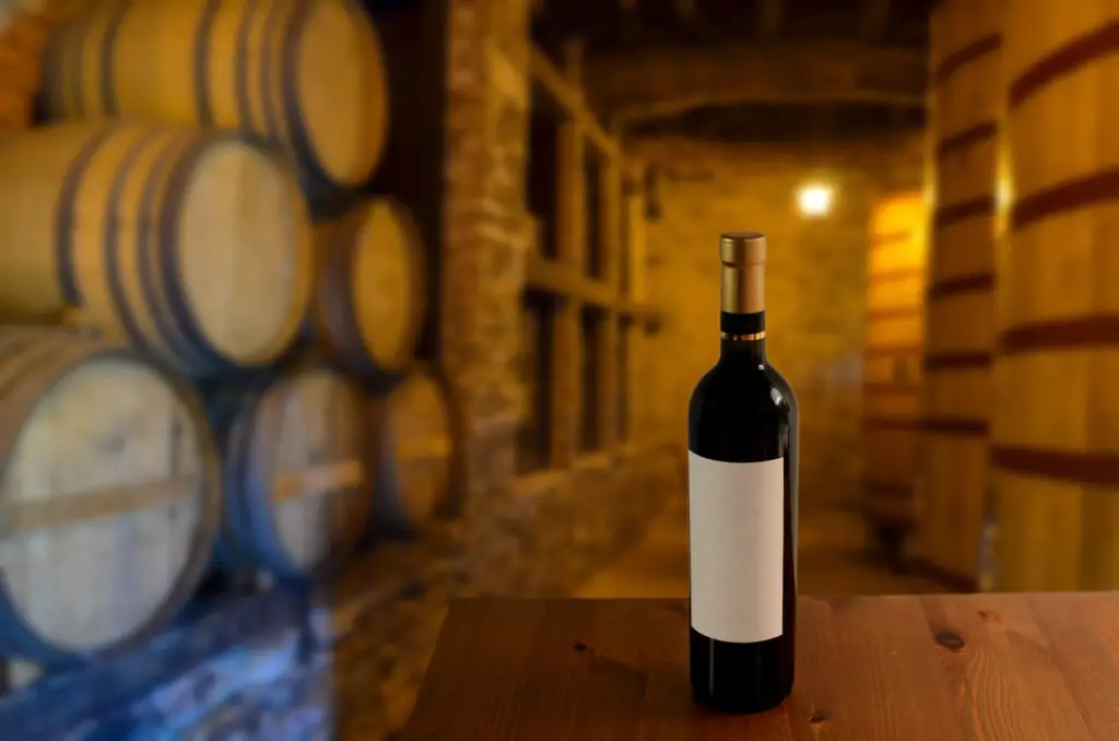 Red wine tasting in an old wine cellar with wooden wine barrels in a winery