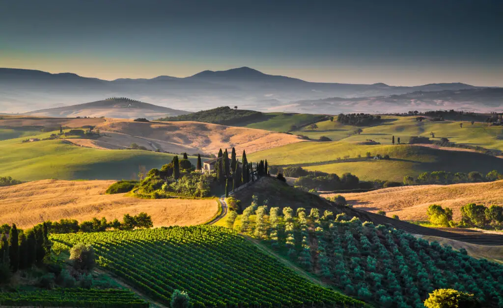 Scenic Tuscany landscape at sunrise, Val d'Orcia, Italy